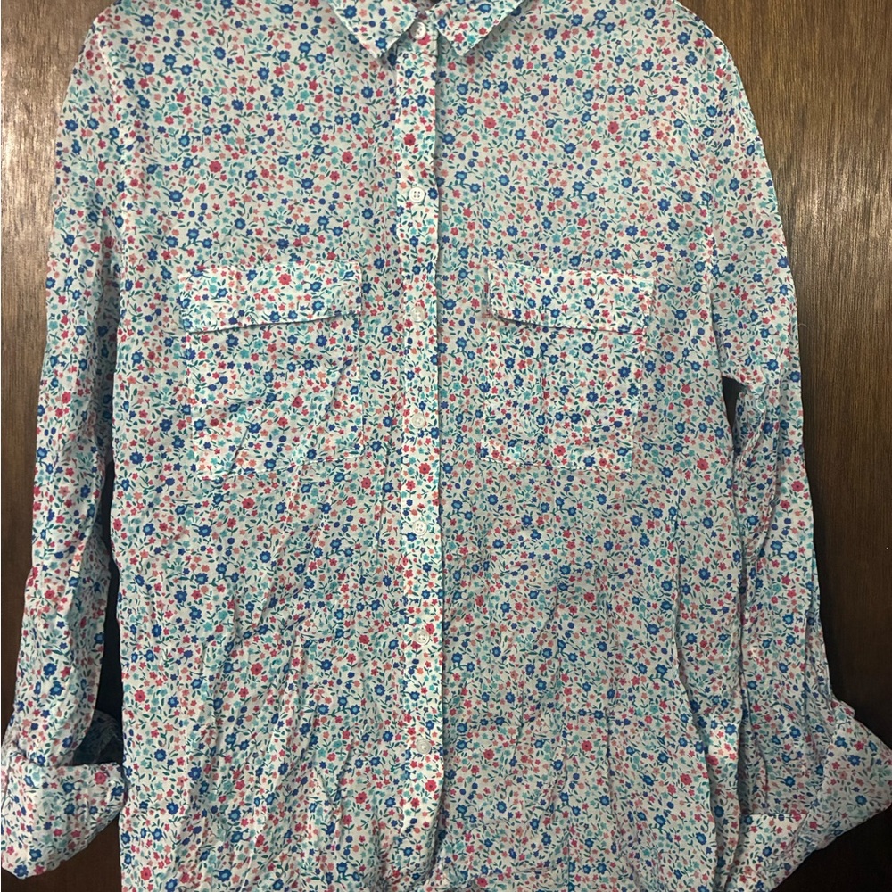 GAP Floral Button-Down Shirt in White with Blue & Pink Flowers